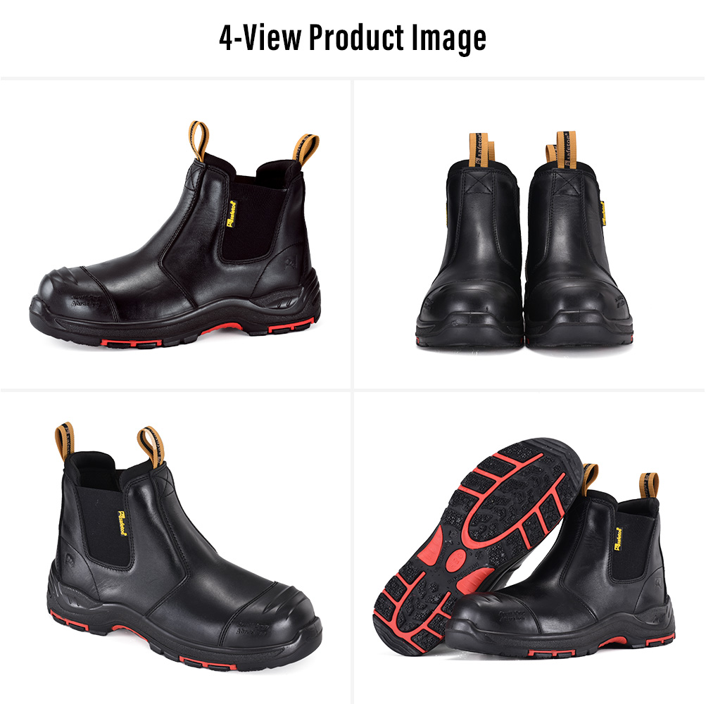 Mehrere Ansichten von Safetoe M-8025NBK Slip-on-Industriearbeitsstiefeln aus schwarzem Leder