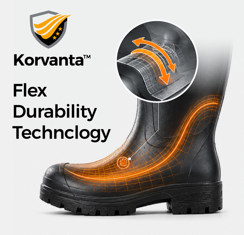 Korvanta™ Flex-Haltbarkeitstechnologie f&uuml;r bequeme und langlebige wasserdichte Gummistiefel