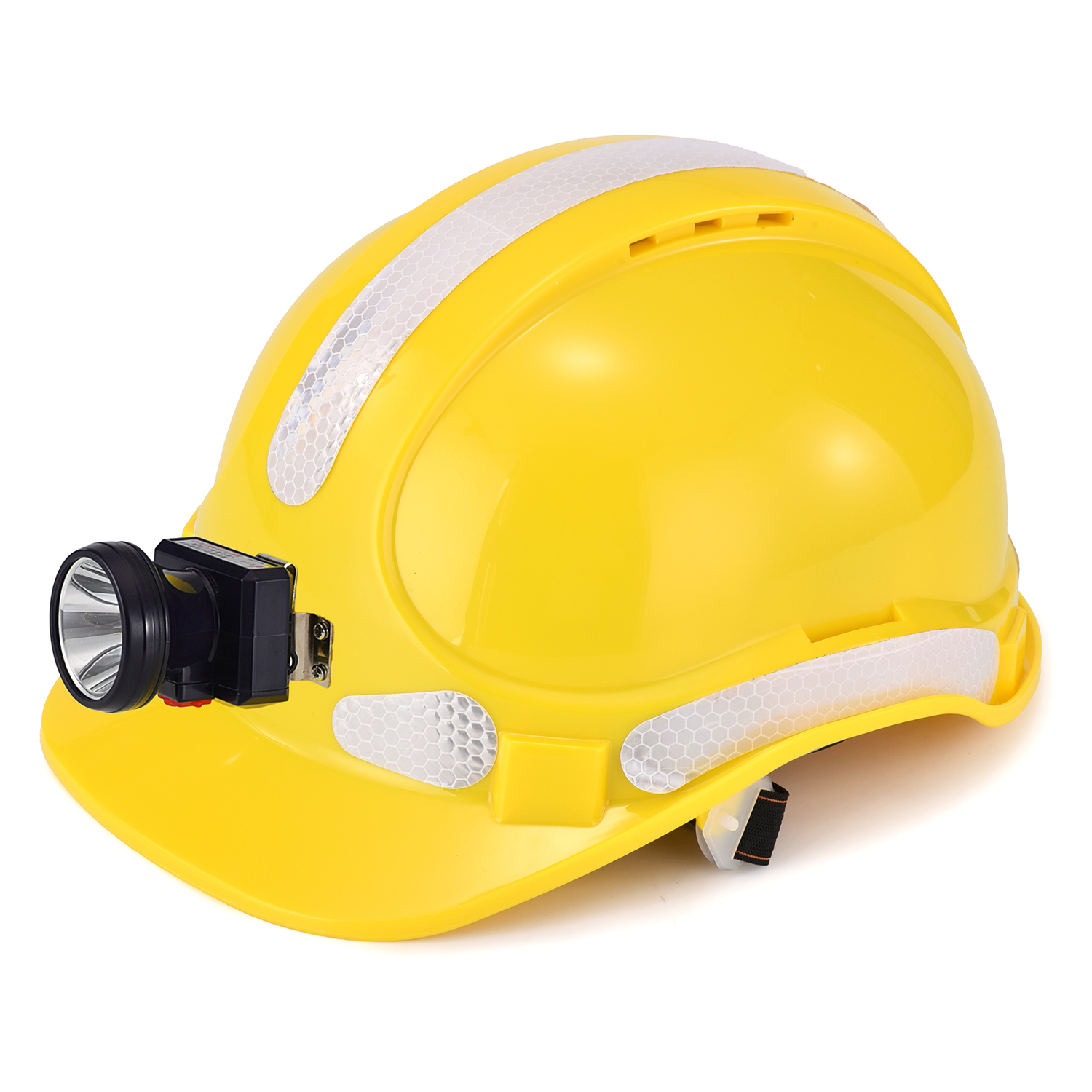 Gelber Bauschutzhelm mit Stirnlampe und Reflektorstreifen f&uuml;r Industriearbeiten