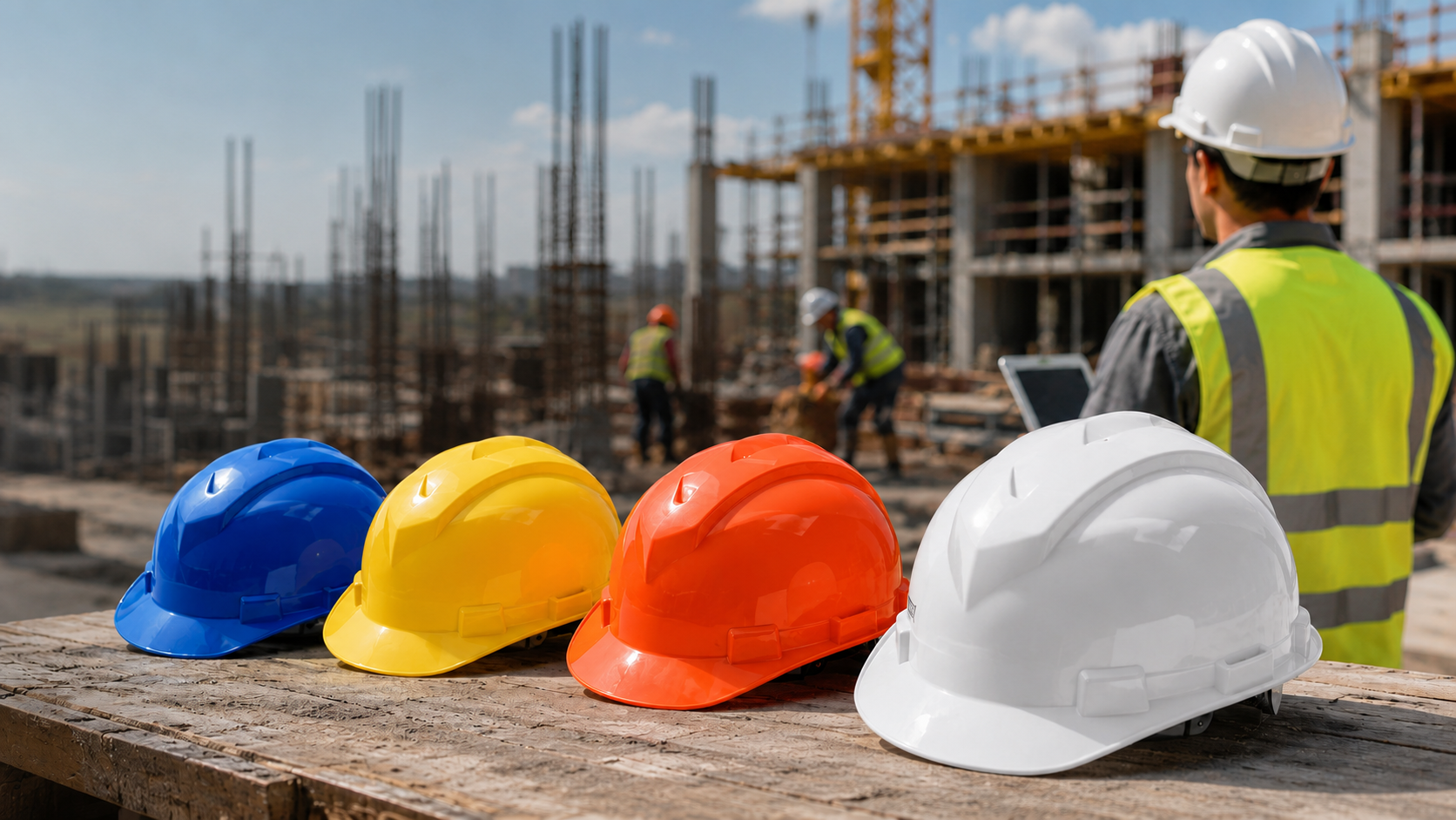 Blaue, gelbe, orange und wei&szlig;e Bauschutzhelme f&uuml;r den Kopfschutz auf der Baustelle