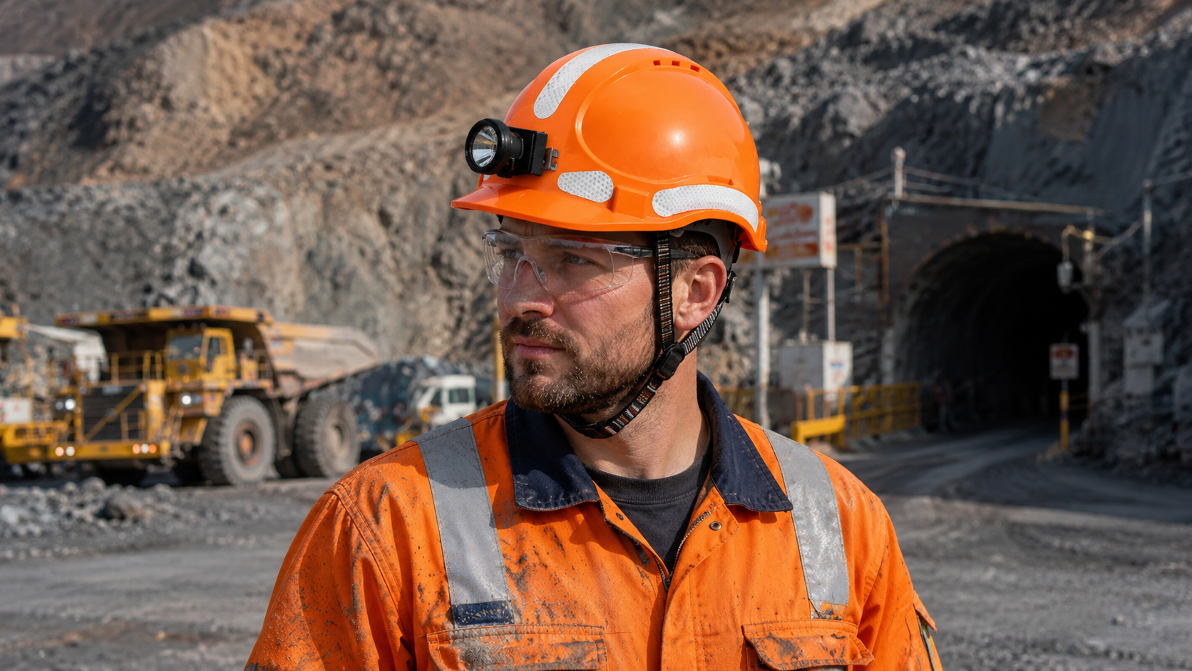 Bergbauarbeiter mit orangefarbenem Schutzhelm mit Stirnlampe und reflektierenden Streifen in einem Tagebau