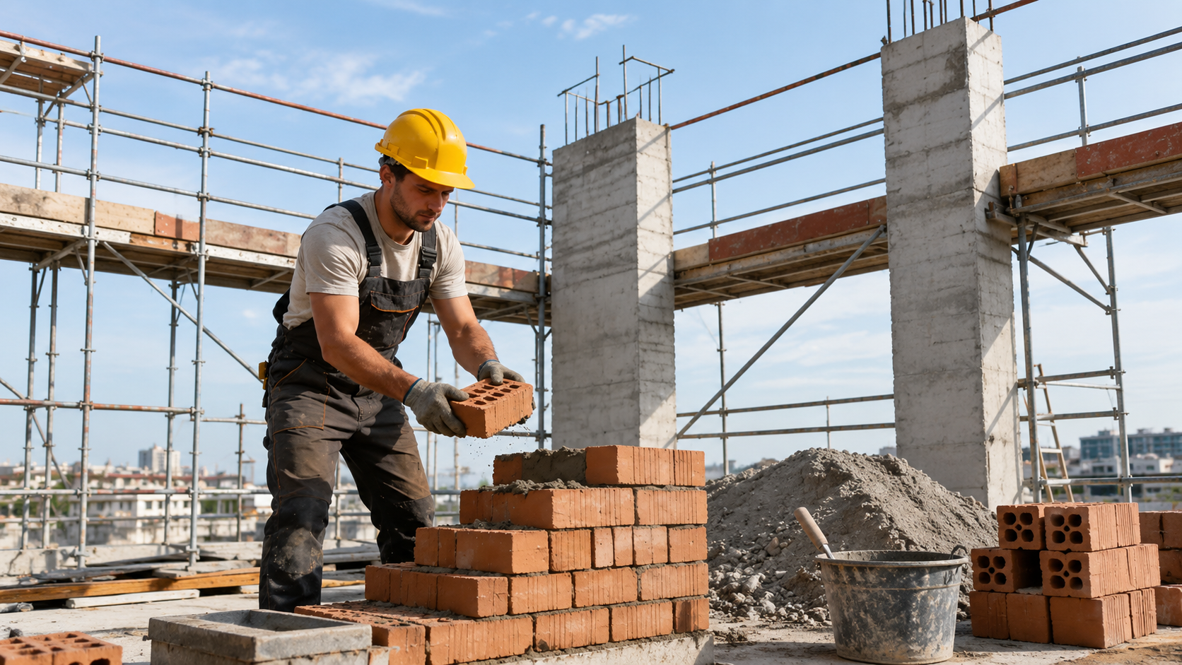 Bauarbeiter tr&auml;gt einen gelben Schutzhelm beim Verlegen von Ziegeln auf einer Baustelle