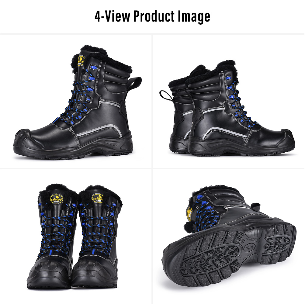 Vieransichtsbild von Safetoe H-9550 IceShield Pro isolierten Winter-Sicherheitsstiefeln mit Seiten-, Vorder-, R&uuml;ck- und Eisgriff-Au&szlig;ensohlenansichten. Verpackungsdetails f&uuml;r 