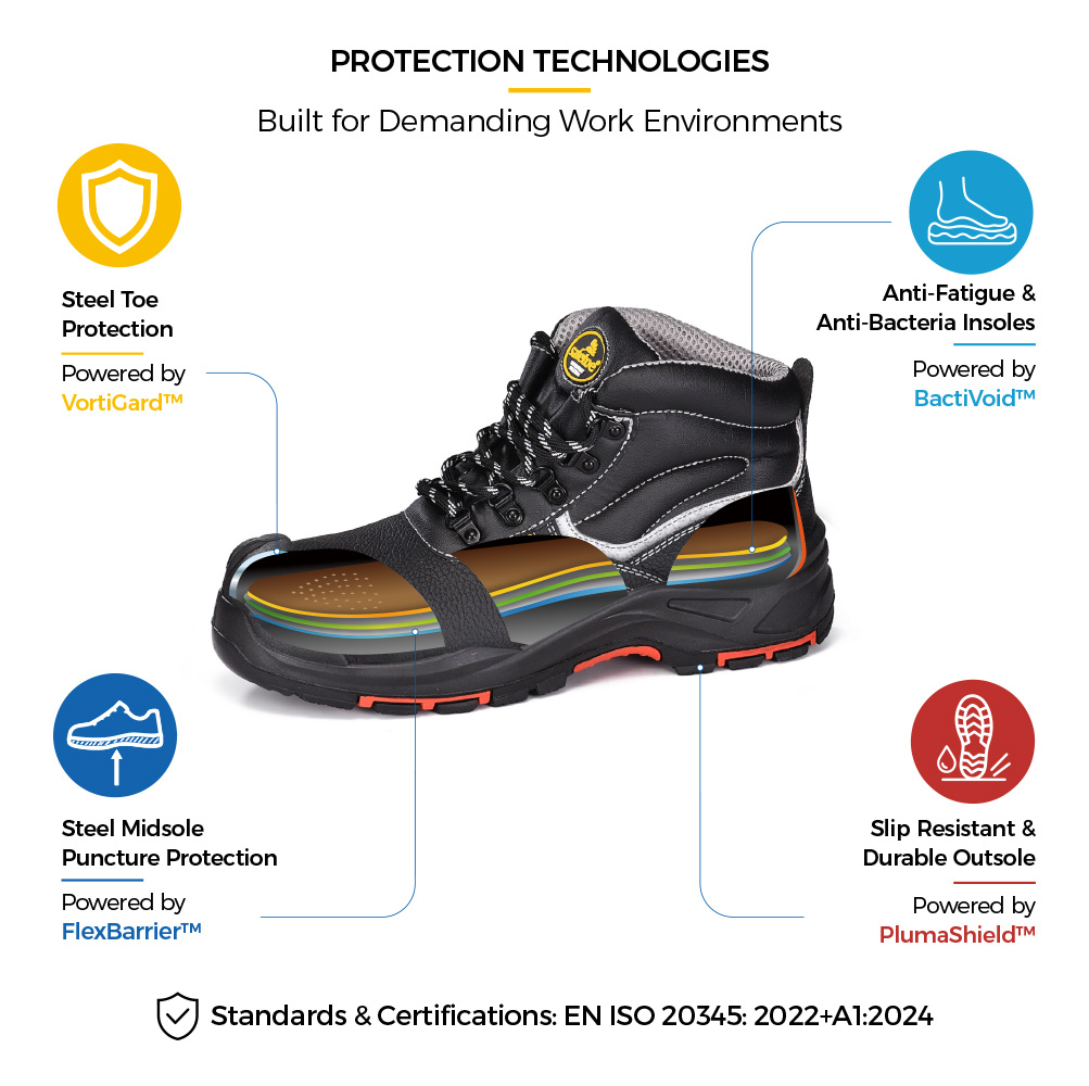 M-8520PRST SiteShield Max Sicherheitsschuhe aus schwarzem Rindsleder f&uuml;r den industriellen Bau mit Schutzkonstruktion 
