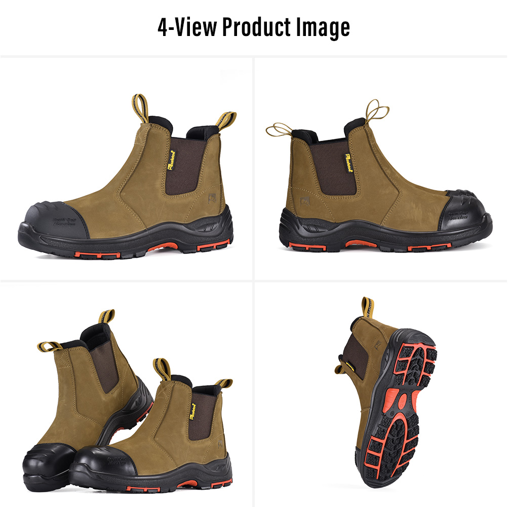 Mehrere Ansichten der braunen M-8025NB-Arbeitssicherheitsstiefel zum Hineinschl&uuml;pfen aus Leder