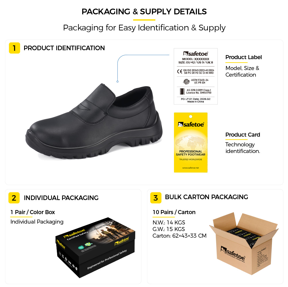 Schwarze Sicherheitsschuhe f&uuml;r die Lebensmittelindustrie L-7019 von Safetoe mit Produktetikett, Einzelschuhkarton und Gro&szlig;kartonverpackung