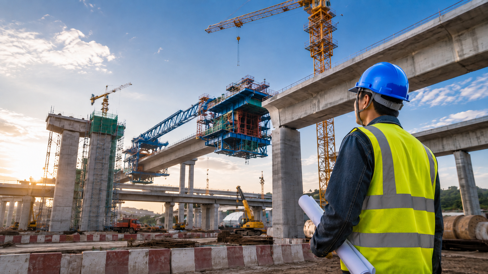 Ingenieur mit blauem Bauschutzhelm bei einem gro&szlig;en Infrastrukturbr&uuml;ckenprojekt