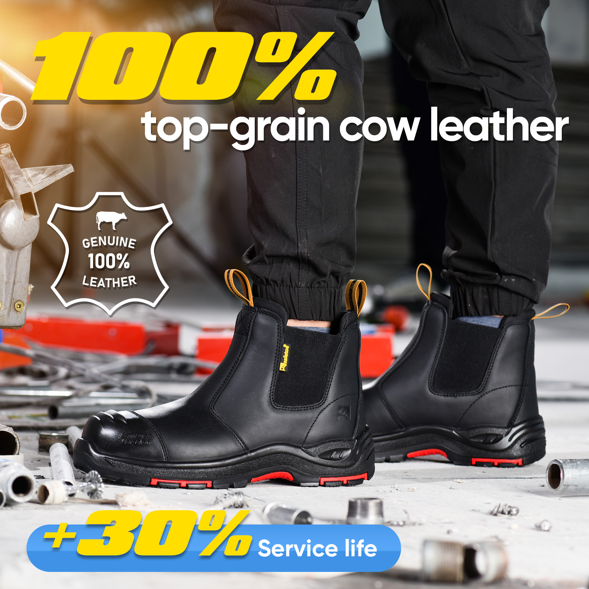Schwarze Chelsea-Arbeitsstiefel zum Hineinschlüpfen mit Composite-Zehen- und Kevlar-Schutz | M-8025NBK