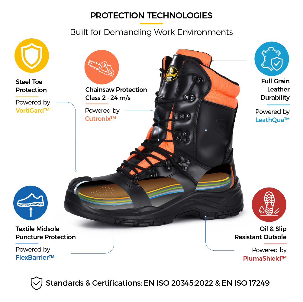 Safetoe H-9555 Sicherheitsstiefel f&uuml;r Kettens&auml;gen mit Stahlkappe, Kettens&auml;genschutz der Klasse 2, textiler Zwischensohle und &ouml;lrutschfester Au&szlig;ensohle. 