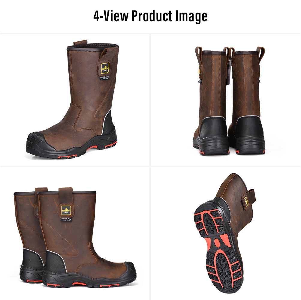 Vier Ansichten der wasserdichten &Ouml;l- und Gas-Sicherheitsstiefel Safetoe H-9437 mit Verbundkappe