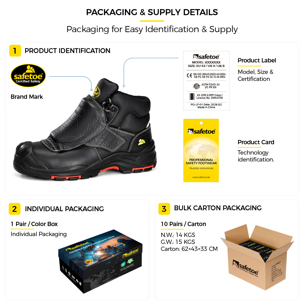Verpackungsdetails f&uuml;r Safetoe M-8387MP Mittelfu&szlig;-Schwei&szlig;er-Sicherheitsstiefel, einschlie&szlig;lich Produktetikett, Einzelverpackung und Gro&szlig;versandkarton