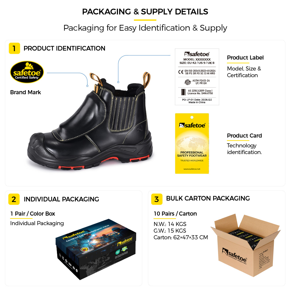 M-8025NBKMP Mittelfu&szlig;-Sicherheitsstiefel mit Produktetikett, Einzelkarton und Gro&szlig;kartonverpackung