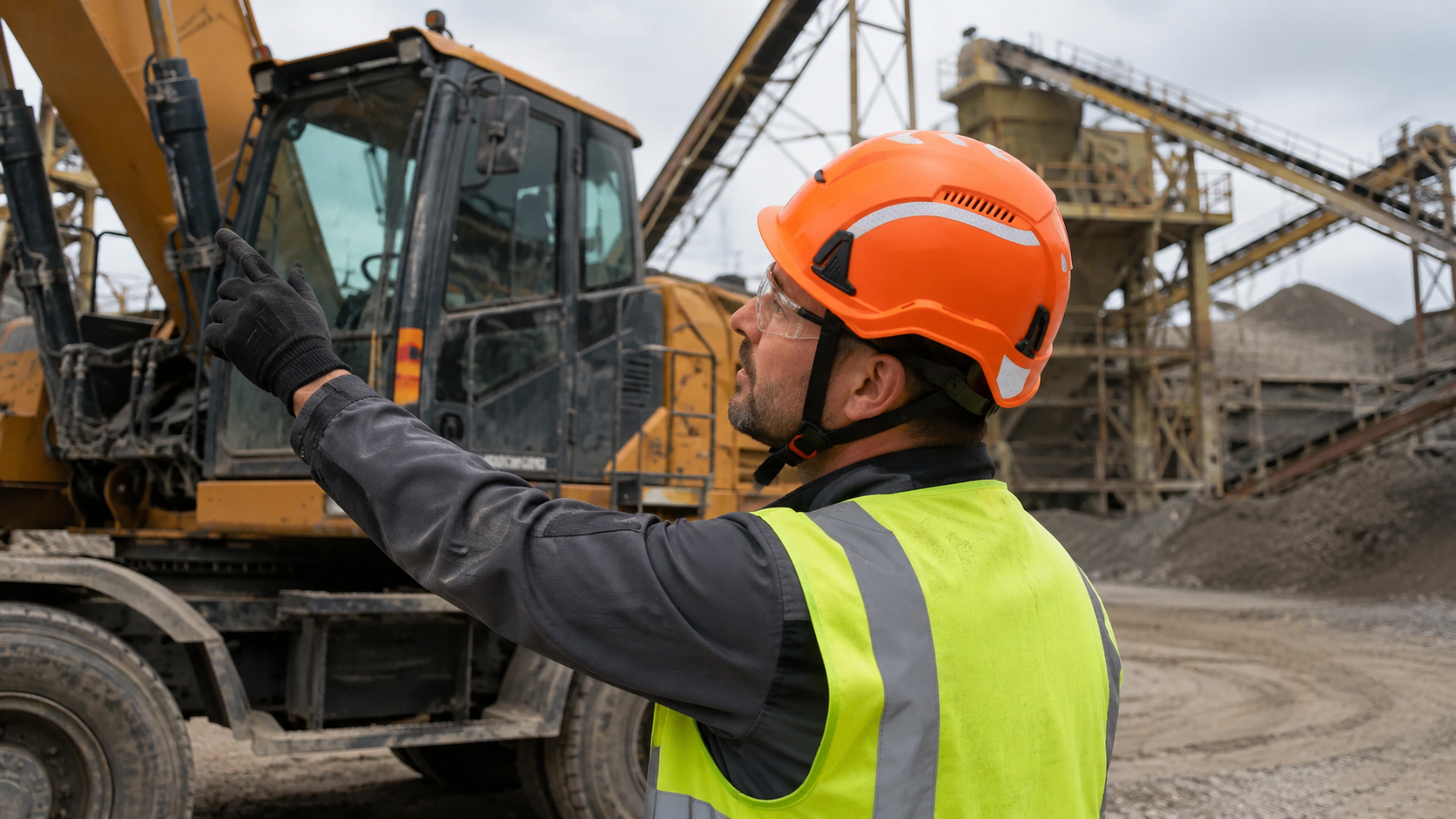 Industriearbeiter tr&auml;gt einen orangefarbenen Schutzhelm, w&auml;hrend er schwere Maschinen auf einer Steinbruch-Arbeitsstelle dirigiert