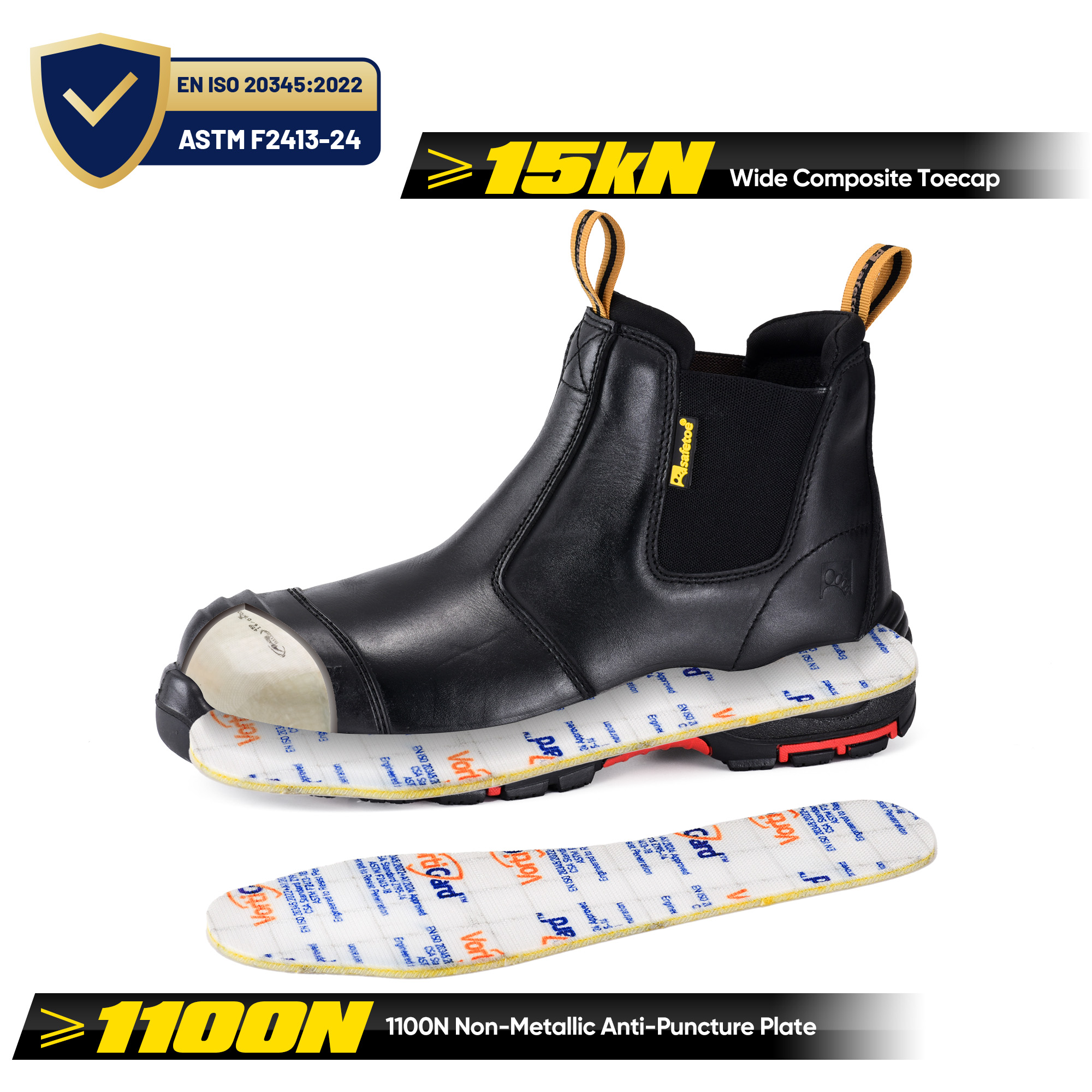 Schwarze Chelsea-Arbeitsstiefel zum Hineinschlüpfen mit Composite-Zehen- und Kevlar-Schutz | M-8025NBK