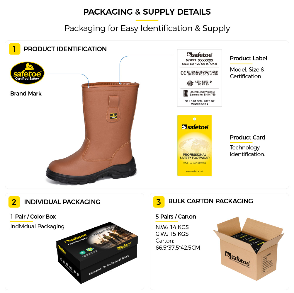 H-9430 Braune klassische Sicherheitsstiefel aus Leder mit Stahlkappe Verpackung