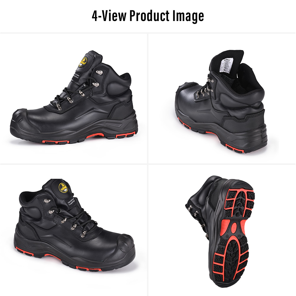 Vier Ansichten der robusten Bergbau-Arbeitsstiefel M-8565 aus schwarzem Leder