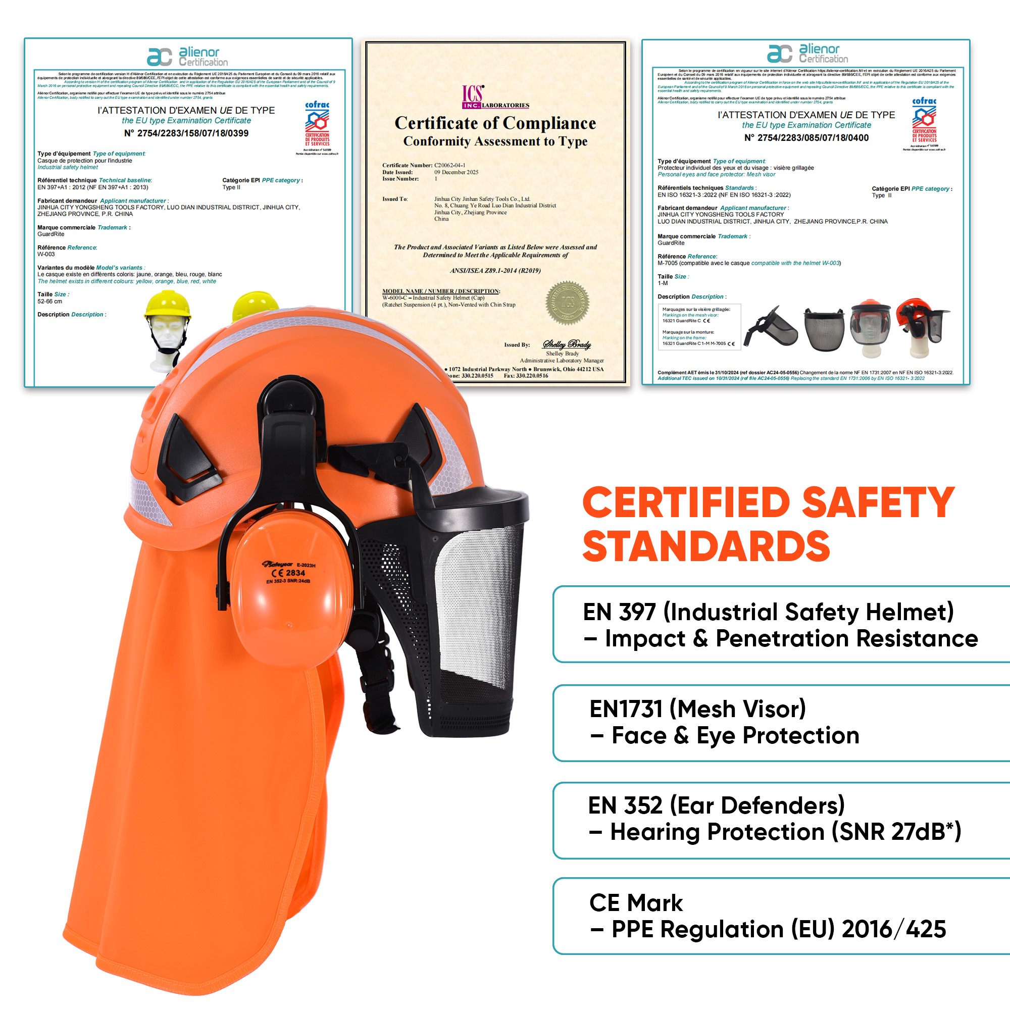Schutzhelm mit Gesichtsschutz und Ohrenschützer M-5017 Orange